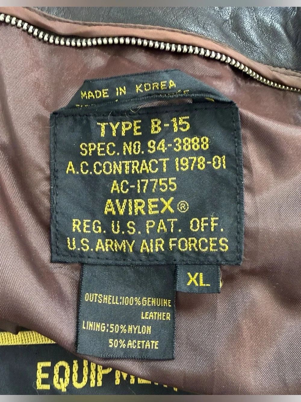 Avirex Vintage B-15 Brown Leather Bomber Jacket Size XL